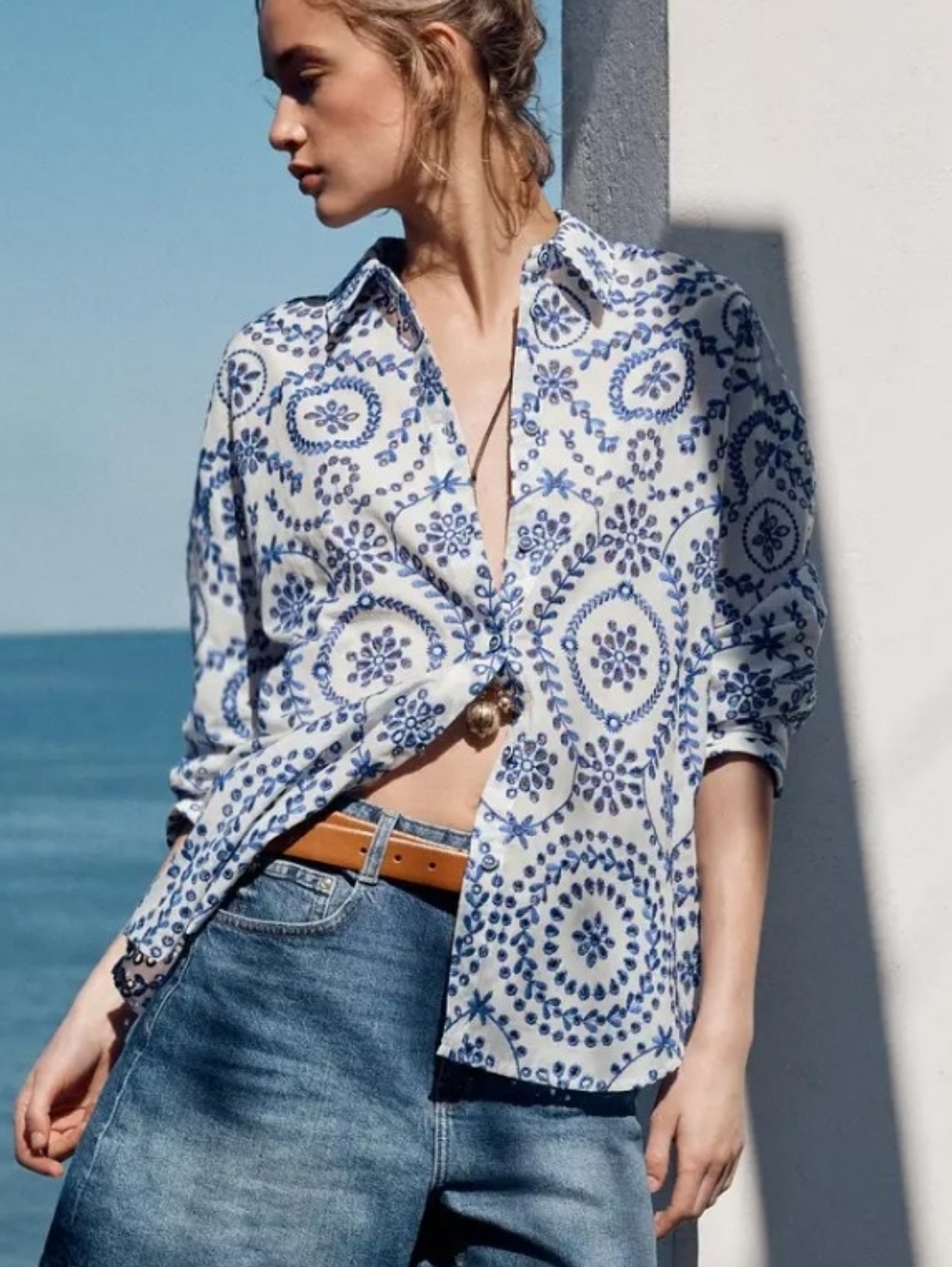 NWT Zara Women Embroidered Eyelet Shirt - L
